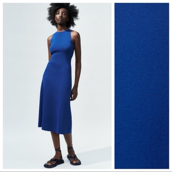 Zara Cobalt Blue Aline Knit Midi Dress Royal Resort Travel Cruise Wedding Halter - Picture 9 of 12